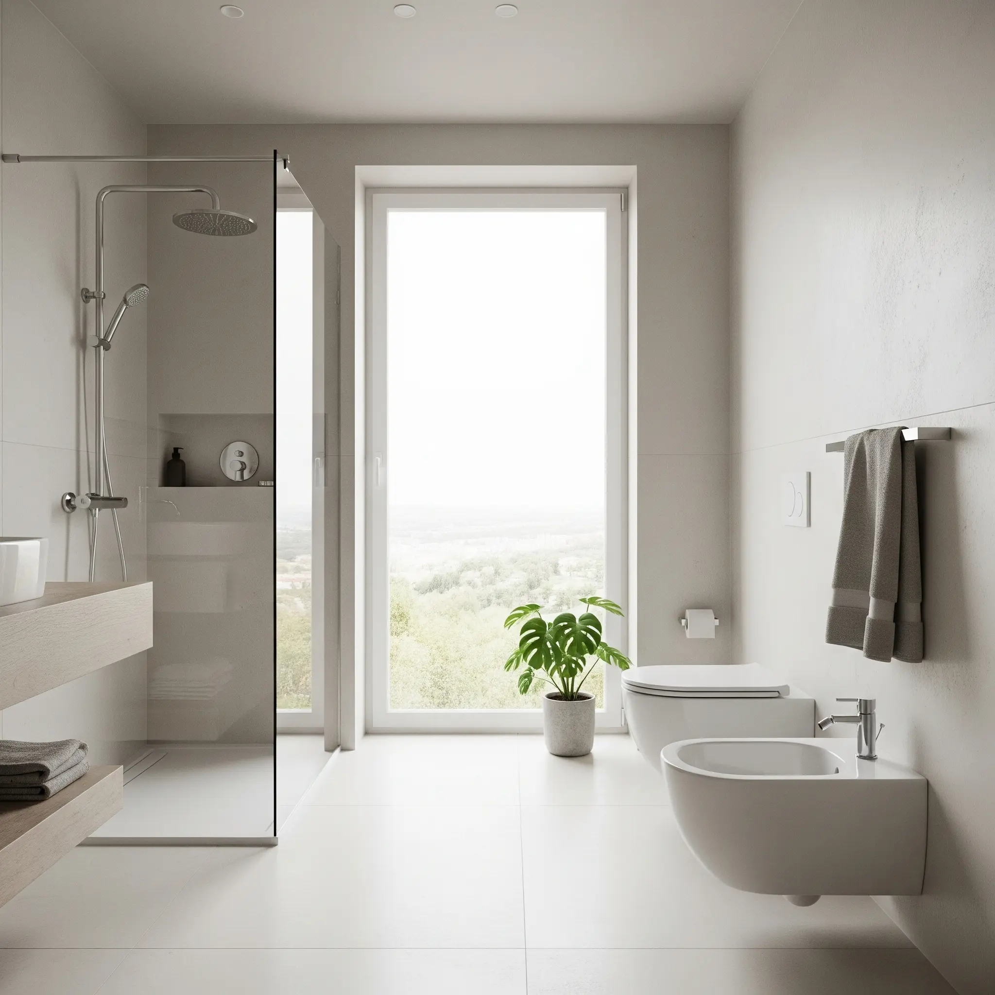 Bagno ristrutturato con design moderno, materiali di alta qualità e illuminazione armoniosa per un ambiente elegante e funzionale