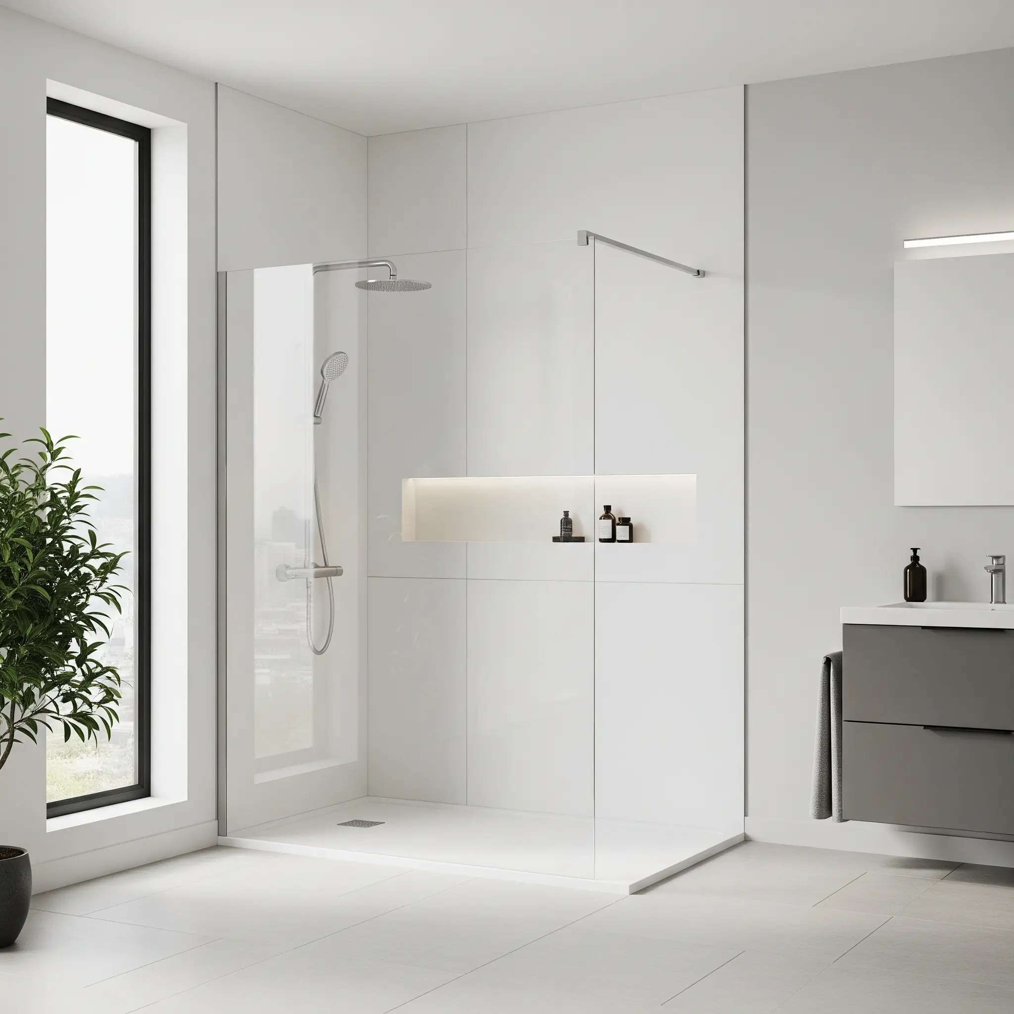 Bagno ristrutturato con finiture moderne, doccia walk-in e illuminazione soffusa per un ambiente elegante e funzionale